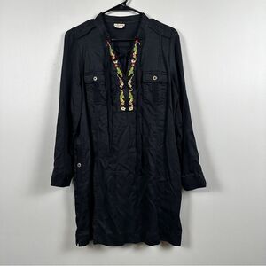 Anthropology Long Sleeve Embroidered Tunic Dress 12 Petite Large Black V-neck